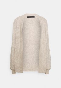 Light beige cardigan with a soft, textured knit, open front design, and long sleeves featuring ribbed cuffs. No front fastenings.