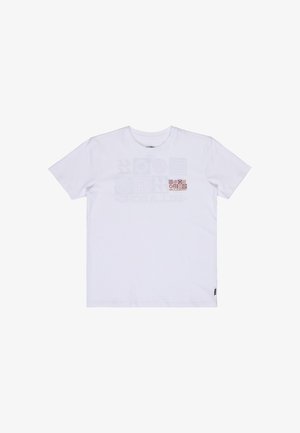 T-shirt blanc à manches courtes avec un petit motif carré et le mot "Billabong" imprimé sur le haut de la poitrine.