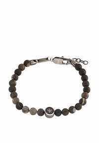 Bracciale con perle tonde realizzato con pietre nere opache e grigie; presenta un charm metallico con un design a stella e una chiusura sicura.