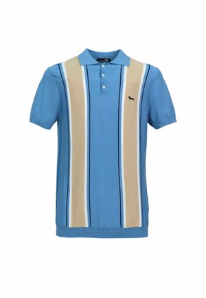 Blauw poloshirt met korte mouwen, met beige, witte en marineblauwe verticale strepen en een klein zwart hondenlogo op de linkerborst.