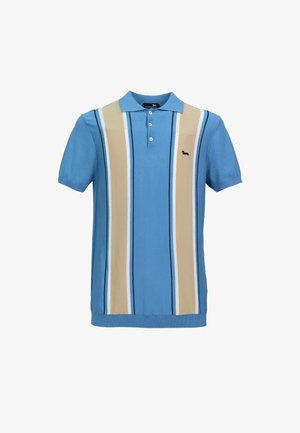 Blauw poloshirt met korte mouwen, met beige, witte en marineblauwe verticale strepen en een klein zwart hondenlogo op de linkerborst.