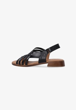 Black leather sandals with an open toe, featuring multiple crisscross straps, a slingback, and a low wooden block heel.