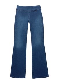 Pantalons en denim évasés de couleur bleu moyen, avec une large taille et une finition lisse et texturée, dotés d'un ourlet qui s'évase légèrement.