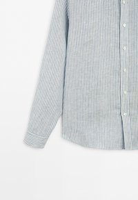 Long sleeve button-up shirt with vertical light blue and white stripes and a single-button cuff shown against a plain white background.