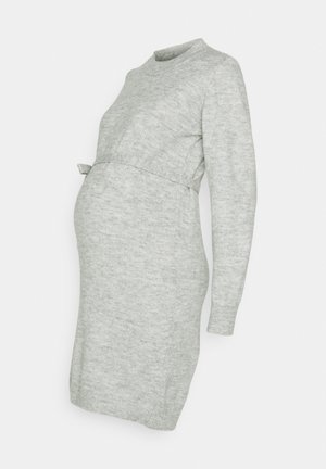 Grey knit maternity dress with long sleeves, round neckline, and a tie detail at the waist, featuring a fitted shape for comfort.