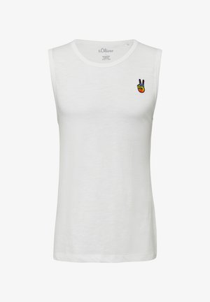 Débardeur en coton blanc sans manches avec un petit graphique de main en paix multicolore sur la zone gauche de la poitrine. Texture lisse, coupe standard.