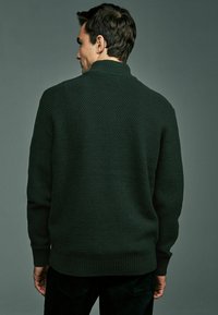 Suéter de un verde oscuro, texturizado, con un cuello alto y dobladillo acanalado. El diseño presenta un patrón tejido y mangas largas, visto desde la parte posterior.