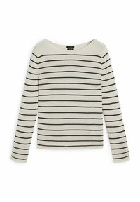 Maglietta a maniche lunghe a righe in crema con linee orizzontali nere, caratterizzata da un ampio scollo, una texture morbida e una vestibilità standard.