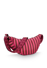 Pink and brown striped hobo bag, featuring a textured strap with a patterned accent and a zip closure. Soft, puffy material with a curved shape.