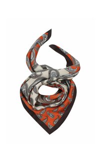 Silk scarf featuring a paisley pattern in orange and cream, with a dark brown border. The fabric has a smooth texture and drapes elegantly.