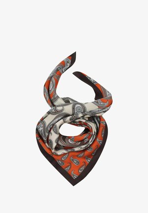 Seidenschal mit einem Paisley-Muster in Orange und Creme, umrandet von einem dunklen Braun. Der Stoff hat eine glatte Textur und fällt elegant.