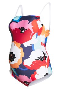 Graviditetsbadedrakt med justerbare hvite stropper, med et blomstermotiv i rødt, rosa og oransje på en mørk blå bakgrunn.