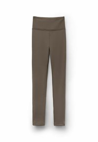 Leggings d'une couleur gris foncé unie, fabriqués à partir d'un tissu lisse et extensible. Caractéristiques d'une taille haute et d'un design ajusté, adaptés à une tenue de sport.