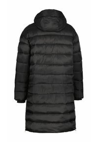 Manteau noir en duvet avec capuche ; présente un design matelassé, des manches longues et une coupe droite ; texture lisse avec une finition brillante.