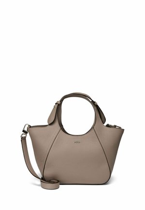 Lederhandtasche in Taupe mit strukturiertem Design, doppelten Obergriffen und abnehmbarem Schultergurt. Verfügt über ein Logo und eine strukturierte Oberfläche.