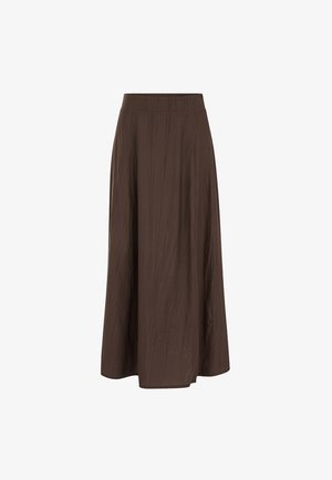 Gonna marrone a vita alta, linea ad A, con sottili pieghe verticali e orlo leggermente svasato, realizzata in tessuto leggero.