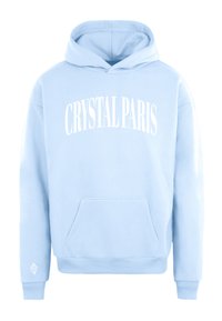 Felpa blu chiaro realizzata in tessuto morbido, dotata di una tasca frontale, cappuccio con lacci e la scritta "CRYSTAL PARIS" stampata in grassetto bianco.
