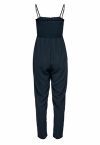 Salopette marine avec un corsage smocké, des bretelles fines et ajustables, et des jambes fuselées. Fabriquée en tissu léger, avec une texture lisse.