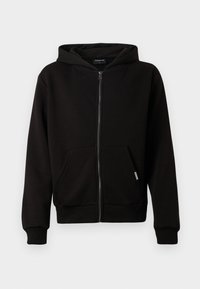 Black zip-up hoodie made of soft cotton, featuring a front pocket, ribbed cuffs, and a hood. Simple design with no visible patterns or accents.