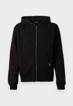 Sort zip-up hoodie lavet af blødt bomuld, med en frontlomme, ribbede manchetter og hætte. Enkelt design uden synlige mønstre eller accenter.