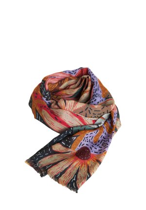 Multicolored floral scarf made from soft fabric; features bold patterns in orange, pink, and purple with black accents and fringed edges.