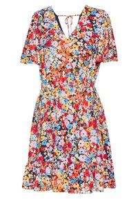 Short-sleeve floral dress with a V-neck, multicolored patterns on a black background, gathered waist, and ruffled hem. Made of lightweight fabric.