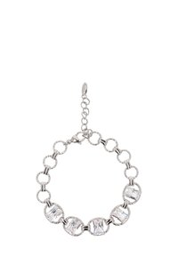 Ezüst karkötő váltakozó kerek láncszemekkel és nagy téglalap alakú kristályokkal, ráadásul homárkapoccsal és állítható hosszúságú lánccal.