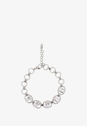 Srebrna bransoletka z naprzemiennie umieszczonymi okrągłymi ogniwami i dużymi prostokątnymi kryształami, z zapięciem typu lobster i regulowanym łańcuszkiem umożliwiającym dostosowanie długości.