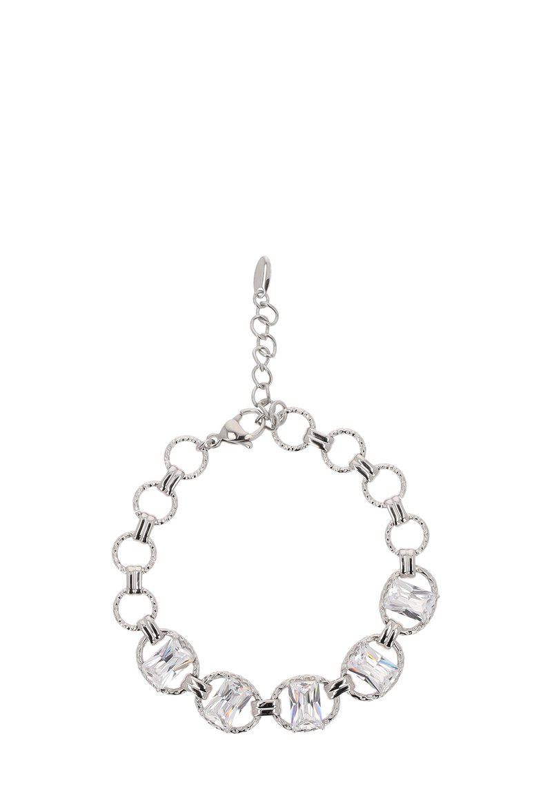 Ezüst karkötő váltakozó kerek láncszemekkel és nagy téglalap alakú kristályokkal, ráadásul homárkapoccsal és állítható hosszúságú lánccal.