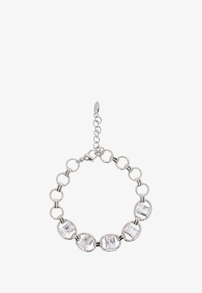 Ezüst karkötő váltakozó kerek láncszemekkel és nagy téglalap alakú kristályokkal, ráadásul homárkapoccsal és állítható hosszúságú lánccal.