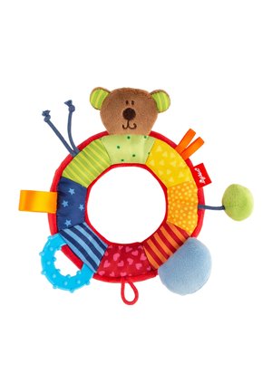 Colorful baby toy ring featuring a bear face, assorted fabric patterns, textured attachments, and plastic teething elements in blue and green.