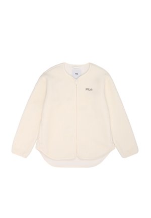 Crème fleece jack met ronde halslijn, ritssluiting en gestikt logo-detail op de linkerborst. Zachte textuur, losse pasvorm en gebogen onderkant.