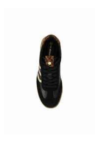 Black sneaker featuring a suede and leather upper, beige stripes, a leopard print tongue, and black laces. Rubber sole.