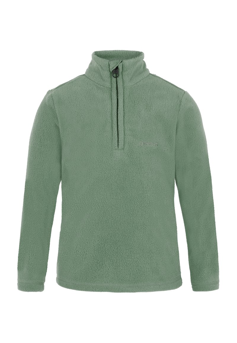 Pullover in pile verde chiaro con maniche lunghe, colletto alto, zip frontale a mezza lunghezza e logo discreto sul petto.