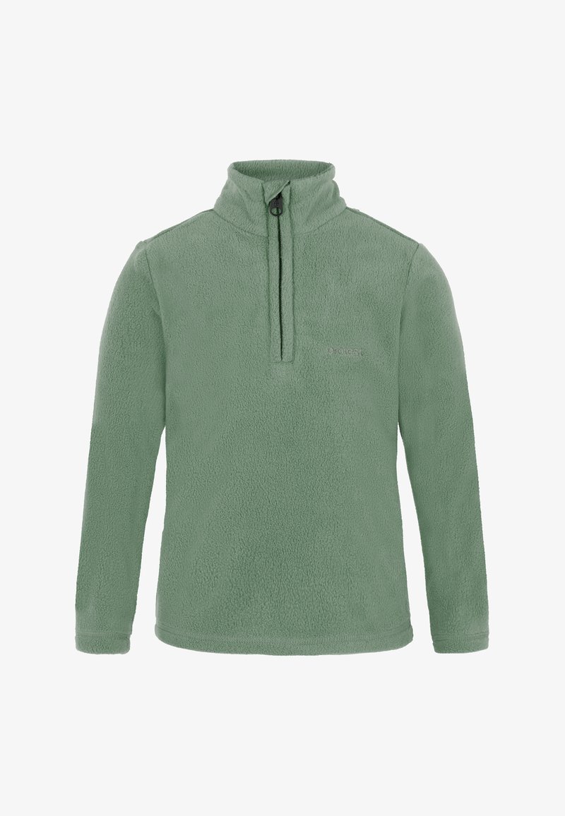 Pullover in pile verde chiaro con maniche lunghe, colletto alto, zip frontale a mezza lunghezza e logo discreto sul petto.