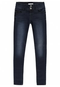 Dunkelblaue Slim-Fit-Jeans aus Denim-Stoff, mit zwei vorderen Taschen und einem Knopfverschluss mit zwei Knöpfen. Glatte Textur und gleichmäßige Farbe.