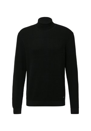 Melns uzvalka džemperis, izgatavots no teksturētas auduma. Tam ir garas piedurknes un ribota dizaina, kā arī vienkrāsains un pieguļošs siluets.