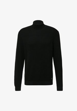 Čierny rolák zo štruktúrovaného materiálu. Má dlhé rukávy a rebrovaný dizajn, jednoliatu farbu a priliehavý strih.