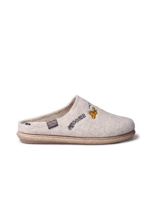 Felt slipper in light gray with a rounded shape. Features yellow embroidered design and 'WHOOSH!' text, complemented by a natural rope sole.