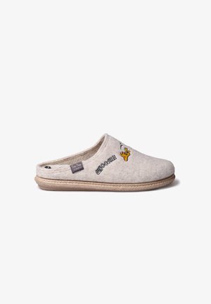 Felt slipper in light gray with a rounded shape. Features yellow embroidered design and 'WHOOSH!' text, complemented by a natural rope sole.
