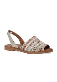 Geflochtene Slip-On-Sandale aus mehrfarbigem geflochtenem Material, mit einem taupefarbenen Ledersohle und einem silbernen Slingback sowie offener Zehenpartie.