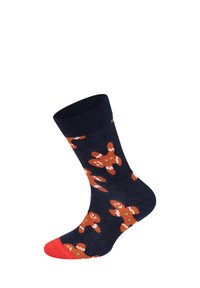 Navy socks adorned with orange gingerbread man patterns, featuring a bright red toe and cuff. A festive design for cozy wear.
