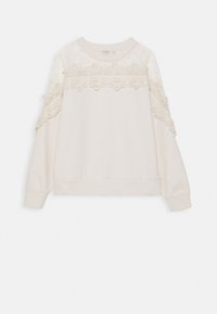 Crèmekleurige sweatshirt met een getextureerde kantlaag op de schouders, met een losse pasvorm en geribbelde boorden aan de mouwen en zoom.