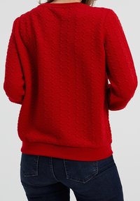 Röd texturerad sweatshirt med ribbat rundhals och muddar, samt ett dekorativt mönster på tyget. Matchas med mörka jeans.