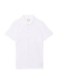 Witte polo shirt van katoen, met een klassieke kraag, korte mouwen en een drie-knopen sluiting. Soepele textuur, geen patronen.