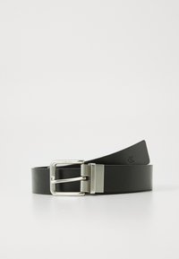 Black leather belt with a silver metal buckle. Smooth texture, rectangular buckle design, and embossed logo on the strap.
