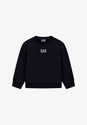 Felpa blu navy con scollo rotondo e maniche lunghe, con logo EA7 bianco sul petto. Tessuto liscio e polsini elasticizzati.