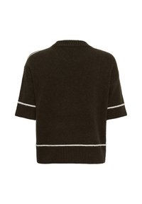 Pull en tricot marron foncé à manches courtes avec col rond et rayures horizontales blanches près des manches et de l'ourlet, vu de dos.