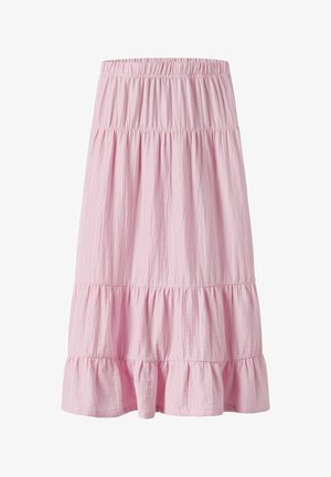 Falda rosa de capas, hecha de un tejido ligero con un acabado texturizado. Cintura elástica y dobladillo con volantes con dos capas distintas.