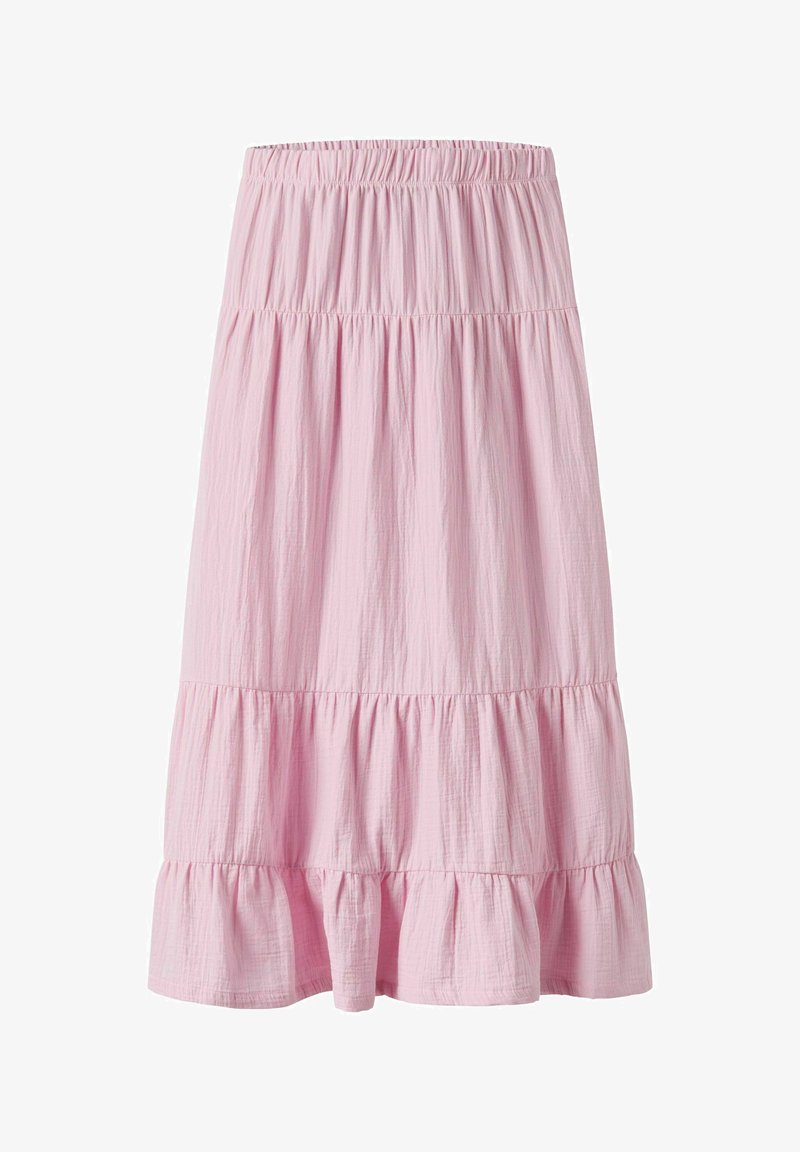 Roze gelaagde rok van lichte stof met een gestructureerde afwerking. Elastische tailleband en rimpelende zoom met twee duidelijke niveaus.